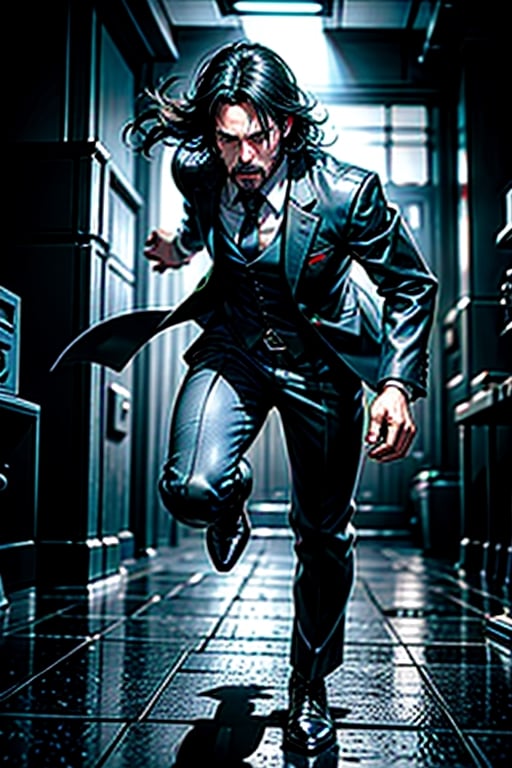 open wide shot, masterpiece, excellent quality, 
perfect hands,epic running fast shooting machine gun with flames, photo realistic Keanu Reeves John Wick with pistol and machine gun , thriller style, aggressive pose, modern black and white Gucci suit, armed gun, photorealistic, highly detailed, blurry photo, intricate, incredibly detailed, super detailed, gangster texture, detailed , crazy, soft lights and shadows