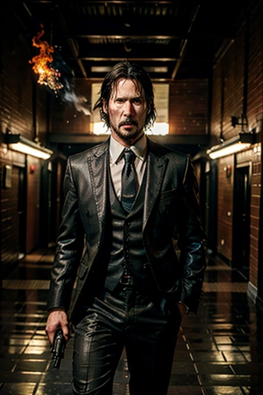 open wide shot, masterpiece, excellent quality, 
perfect hands,epic running fast shooting machine gun with flames, photo realistic Keanu Reeves John Wick with pistol and machine gun , thriller style, aggressive pose, modern black and white Gucci suit, armed gun, photorealistic, highly detailed, blurry photo, intricate, incredibly detailed, super detailed, gangster texture, detailed , crazy, soft lights and shadows