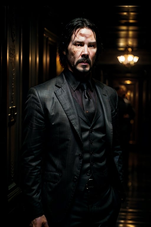 masterpiece, excellent quality, 8k, photo realistic Keanu Reeves John Wick with , thriller style, aggressive pose, modern black and white Gucci suit, armed gun, photorealistic, highly detailed, blurry photo, intricate, incredibly detailed, super detailed, gangster texture, detailed , crazy, soft lights and shadows