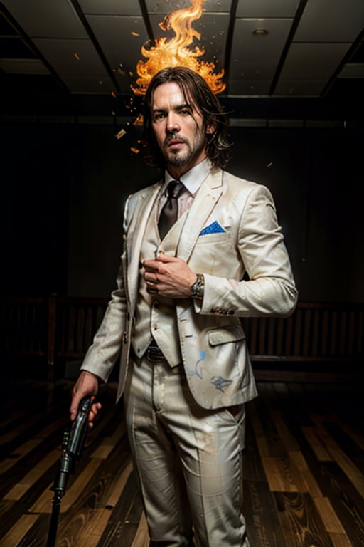 ((Panoramic and open wide shot)), masterpiece, excellent quality, 
perfect hands,epic running fast shooting machine gun with flames, photo realistic "John Wick", singing ((wearing a bright white suit and guitar and singing into a microphone))
different weapons
knives, katanas, submachine guns, grenades, in a shootout with other men, thriller style, aggressive pose, modern black and white Gucci suit, armed gun, photorealistic, highly detailed, blurry photo, intricate, incredibly detailed, super detailed, gangster texture, detailed , crazy, soft lights and shadows