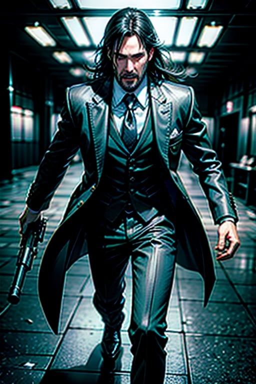 open wide shot, masterpiece, excellent quality, 
perfect hands,epic running fast shooting machine gun with flames, photo realistic Keanu Reeves John Wick with pistol and machine gun , thriller style, aggressive pose, modern black and white Gucci suit, armed gun, photorealistic, highly detailed, blurry photo, intricate, incredibly detailed, super detailed, gangster texture, detailed , crazy, soft lights and shadows