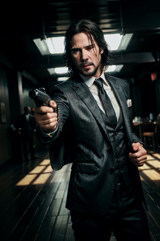 open wide shot, masterpiece, excellent quality, 
perfect hands,epic running fast shooting machine gun with flames, photo realistic Keanu Reeves John Wick with pistol and machine gun , thriller style, aggressive pose, modern black and white Gucci suit, armed gun, photorealistic, highly detailed, blurry photo, intricate, incredibly detailed, super detailed, gangster texture, detailed , crazy, soft lights and shadows