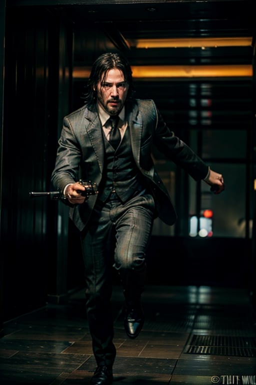 open wide shot, masterpiece, excellent quality, 
perfect hands,epic running fast shooting machine gun with flames, photo realistic Keanu Reeves John Wick with pistol and machine gun , thriller style, aggressive pose, modern black and white Gucci suit, armed gun, photorealistic, highly detailed, blurry photo, intricate, incredibly detailed, super detailed, gangster texture, detailed , crazy, soft lights and shadows