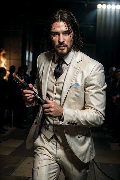 ((Panoramic and open wide shot)), masterpiece, excellent quality, 
perfect hands,epic running fast shooting machine gun with flames, photo realistic "John Wick", singing ((wearing a bright white suit and guitar and singing into a microphone))
different weapons
knives, katanas, submachine guns, grenades, in a shootout with other men, thriller style, aggressive pose, modern black and white Gucci suit, armed gun, photorealistic, highly detailed, blurry photo, intricate, incredibly detailed, super detailed, gangster texture, detailed , crazy, soft lights and shadows