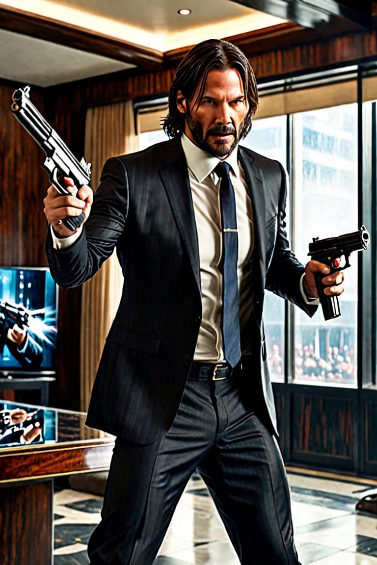 in Hotel ((Panoramic and open wide shot)), masterpiece, excellent quality, perfect hands, epic jumping  breaking the glass through a window, killing gunmen, shooting machine gun, photo realistic "John Wick", with pistol and machine gun , different weapons knives, katanas, submachine guns, grenades, in a shootout with other men, thriller style, aggressive pose, modern black and white Gucci suit, armed gun, photorealistic, highly detailed, blurry photo, intricate, incredibly detailed, super detailed, gangster texture, detailed , crazy, soft lights and shadows,Summer