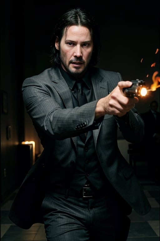 open wide shot, masterpiece, excellent quality, 
perfect hands,epic running fast shooting machine gun with flames, photo realistic Keanu Reeves John Wick with pistol and machine gun , thriller style, aggressive pose, modern black and white Gucci suit, armed gun, photorealistic, highly detailed, blurry photo, intricate, incredibly detailed, super detailed, gangster texture, detailed , crazy, soft lights and shadows