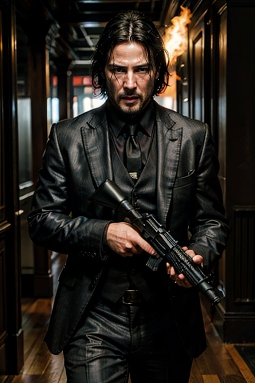 open wide shot, masterpiece, excellent quality, 
perfect hands,epic running fast shooting machine gun with flames, photo realistic Keanu Reeves John Wick with pistol and machine gun , thriller style, aggressive pose, modern black and white Gucci suit, armed gun, photorealistic, highly detailed, blurry photo, intricate, incredibly detailed, super detailed, gangster texture, detailed , crazy, soft lights and shadows