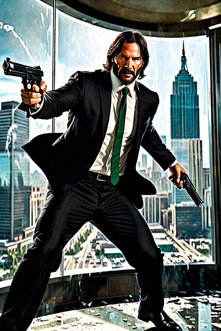 in Hotel ((Panoramic and open wide shot)), masterpiece, excellent quality, perfect hands, epic jumping  breaking the glass through a window, killing gunmen, shooting machine gun, photo realistic "John Wick", with pistol and machine gun , different weapons knives, katanas, submachine guns, grenades, in a shootout with other men, thriller style, aggressive pose, modern black and white Gucci suit, armed gun, photorealistic, highly detailed, blurry photo, intricate, incredibly detailed, super detailed, gangster texture, detailed , crazy, soft lights and shadows,Summer