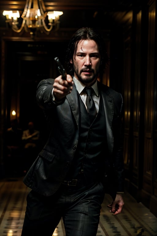 open wide shot, masterpiece, excellent quality, running fast shooting 2 guns with flame, photo realistic Keanu Reeves John Wick with , thriller style, aggressive pose, modern black and white Gucci suit, armed gun, photorealistic, highly detailed, blurry photo, intricate, incredibly detailed, super detailed, gangster texture, detailed , crazy, soft lights and shadows