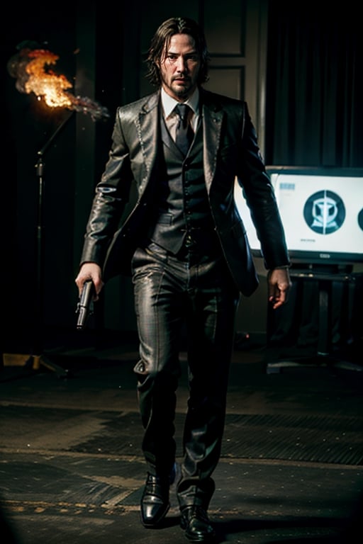 open wide shot, masterpiece, excellent quality, 
perfect hands,epic running fast shooting machine gun with flames, photo realistic Keanu Reeves John Wick with pistol and machine gun , thriller style, aggressive pose, modern black and white Gucci suit, armed gun, photorealistic, highly detailed, blurry photo, intricate, incredibly detailed, super detailed, gangster texture, detailed , crazy, soft lights and shadows