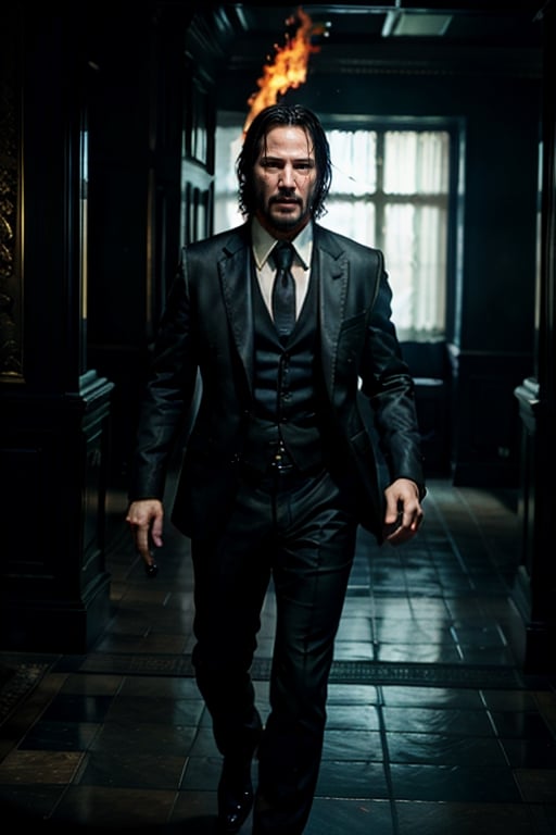 open wide shot, masterpiece, excellent quality, running shooting guns with flame, photo realistic Keanu Reeves John Wick with , thriller style, aggressive pose, modern black and white Gucci suit, armed gun, photorealistic, highly detailed, blurry photo, intricate, incredibly detailed, super detailed, gangster texture, detailed , crazy, soft lights and shadows