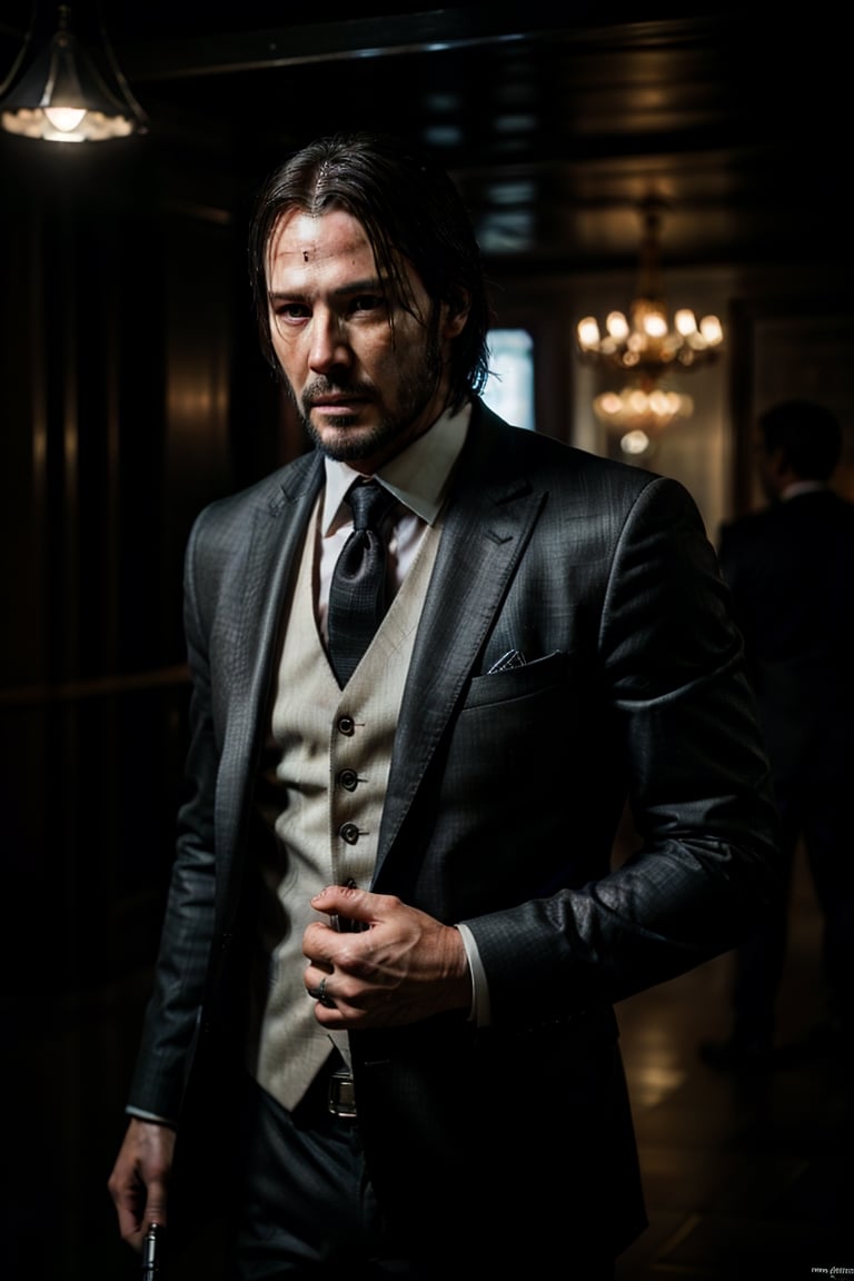 masterpiece, excellent quality, 8k, photo realistic man john wick with , thriller style, aggressive pose, modern black and white Gucci suit, armed gun, photorealistic, highly detailed, blurry photo, intricate, incredibly detailed, super detailed, gangster texture, detailed , crazy, soft lights and shadows