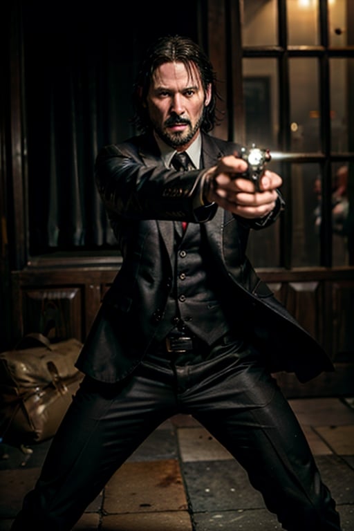 ((Panoramic and open wide shot)), masterpiece, excellent quality, 
perfect hands,epic running fast shooting machine gun with flames, photo realistic Keanu Reeves John Wick with pistol and machine gun , 
different weapons
knives, katanas, submachine guns, grenades, in a shootout with other men, thriller style, aggressive pose, modern black and white Gucci suit, armed gun, photorealistic, highly detailed, blurry photo, intricate, incredibly detailed, super detailed, gangster texture, detailed , crazy, soft lights and shadows