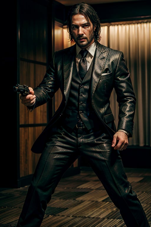 ((Panoramic and open wide shot)), masterpiece, excellent quality, 
perfect hands,epic running fast shooting machine gun with flames, photo realistic "John Wick",  with pistol and machine gun , 
different weapons
knives, katanas, submachine guns, grenades, in a shootout with other men, thriller style, aggressive pose, modern black and white Gucci suit, armed gun, photorealistic, highly detailed, blurry photo, intricate, incredibly detailed, super detailed, gangster texture, detailed , crazy, soft lights and shadows