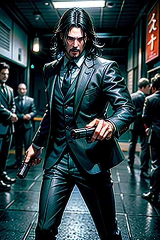 open wide shot, masterpiece, excellent quality, 
perfect hands,epic running fast shooting machine gun with flames, photo realistic Keanu Reeves John Wick with pistol and machine gun , thriller style, aggressive pose, modern black and white Gucci suit, armed gun, photorealistic, highly detailed, blurry photo, intricate, incredibly detailed, super detailed, gangster texture, detailed , crazy, soft lights and shadows