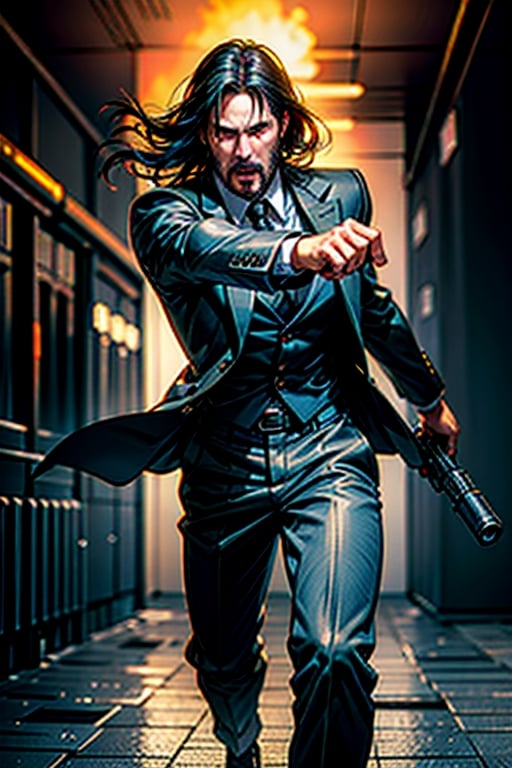 open wide shot, masterpiece, excellent quality, 
perfect hands,epic running fast shooting machine gun with flames, photo realistic Keanu Reeves John Wick with pistol and machine gun , thriller style, aggressive pose, modern black and white Gucci suit, armed gun, photorealistic, highly detailed, blurry photo, intricate, incredibly detailed, super detailed, gangster texture, detailed , crazy, soft lights and shadows