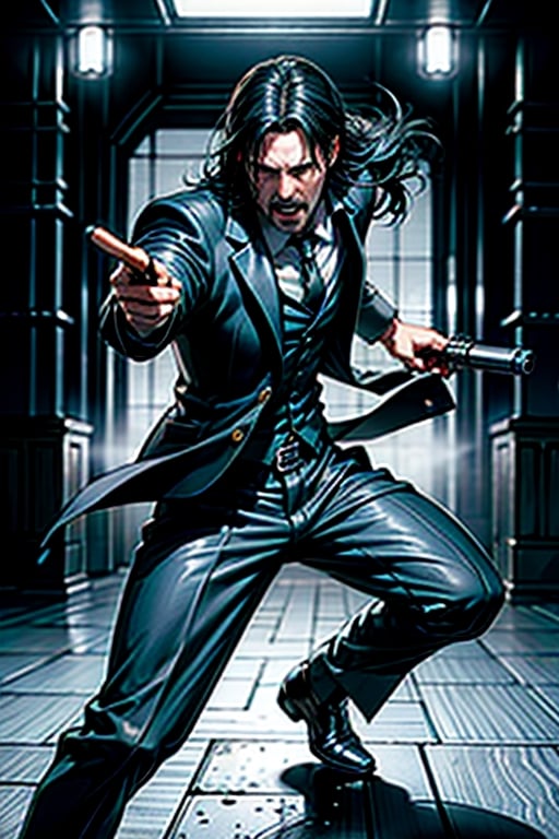 open wide shot, masterpiece, excellent quality, 
perfect hands,epic running fast shooting machine gun with flames, photo realistic Keanu Reeves John Wick with pistol and machine gun , thriller style, aggressive pose, modern black and white Gucci suit, armed gun, photorealistic, highly detailed, blurry photo, intricate, incredibly detailed, super detailed, gangster texture, detailed , crazy, soft lights and shadows