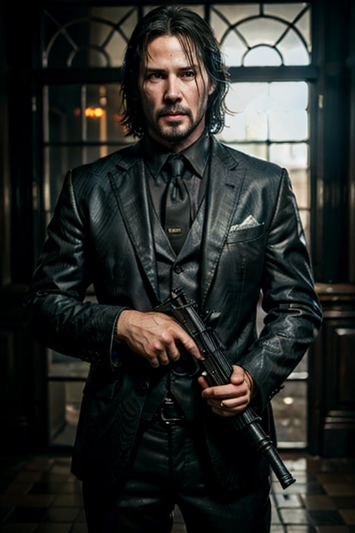 ((Panoramic and open wide shot)), masterpiece, excellent quality, 
perfect hands,epic running fast shooting machine gun with flames, photo realistic Keanu Reeves John Wick with pistol and machine gun , 
different weapons
knives, katanas, submachine guns, grenades, in a shootout with other men, thriller style, aggressive pose, modern black and white Gucci suit, armed gun, photorealistic, highly detailed, blurry photo, intricate, incredibly detailed, super detailed, gangster texture, detailed , crazy, soft lights and shadows