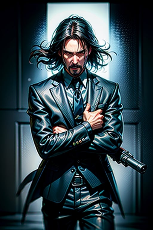 open wide shot, masterpiece, excellent quality, 
perfect hands,epic running fast shooting machine gun with flames, photo realistic Keanu Reeves John Wick with pistol and machine gun , thriller style, aggressive pose, modern black and white Gucci suit, armed gun, photorealistic, highly detailed, blurry photo, intricate, incredibly detailed, super detailed, gangster texture, detailed , crazy, soft lights and shadows