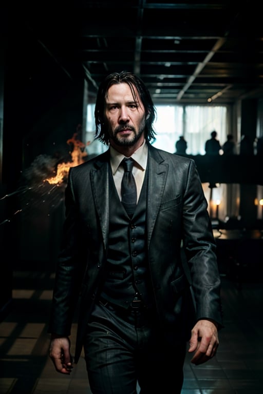 open wide shot, masterpiece, excellent quality, running fast shooting 2 guns with flame, photo realistic Keanu Reeves John Wick with , thriller style, aggressive pose, modern black and white Gucci suit, armed gun, photorealistic, highly detailed, blurry photo, intricate, incredibly detailed, super detailed, gangster texture, detailed , crazy, soft lights and shadows