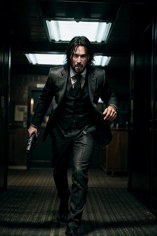 open wide shot, masterpiece, excellent quality, 
perfect hands,epic running fast shooting machine gun with flames, photo realistic Keanu Reeves John Wick with pistol and machine gun , thriller style, aggressive pose, modern black and white Gucci suit, armed gun, photorealistic, highly detailed, blurry photo, intricate, incredibly detailed, super detailed, gangster texture, detailed , crazy, soft lights and shadows