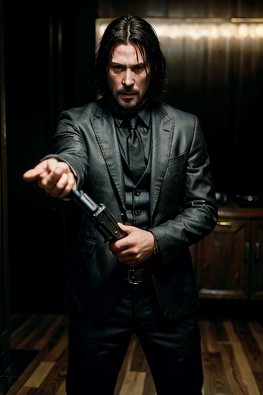 open wide shot, masterpiece, excellent quality, 
perfect hands,epic running fast shooting machine gun with flames, photo realistic Keanu Reeves John Wick with pistol and machine gun , thriller style, aggressive pose, modern black and white Gucci suit, armed gun, photorealistic, highly detailed, blurry photo, intricate, incredibly detailed, super detailed, gangster texture, detailed , crazy, soft lights and shadows