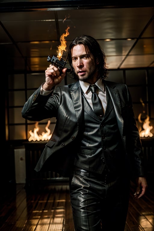 open wide shot, masterpiece, excellent quality, HD, 
perfect hands,epic running fast shooting machine gun with flames, photo realistic Keanu Reeves John Wick with pistol and machine gun , ((different weapons)) thriller style, aggressive pose, modern black and white Gucci suit, armed gun, photorealistic, highly detailed, blurry photo, intricate, incredibly detailed, super detailed, gangster texture, detailed , crazy, soft lights and shadows