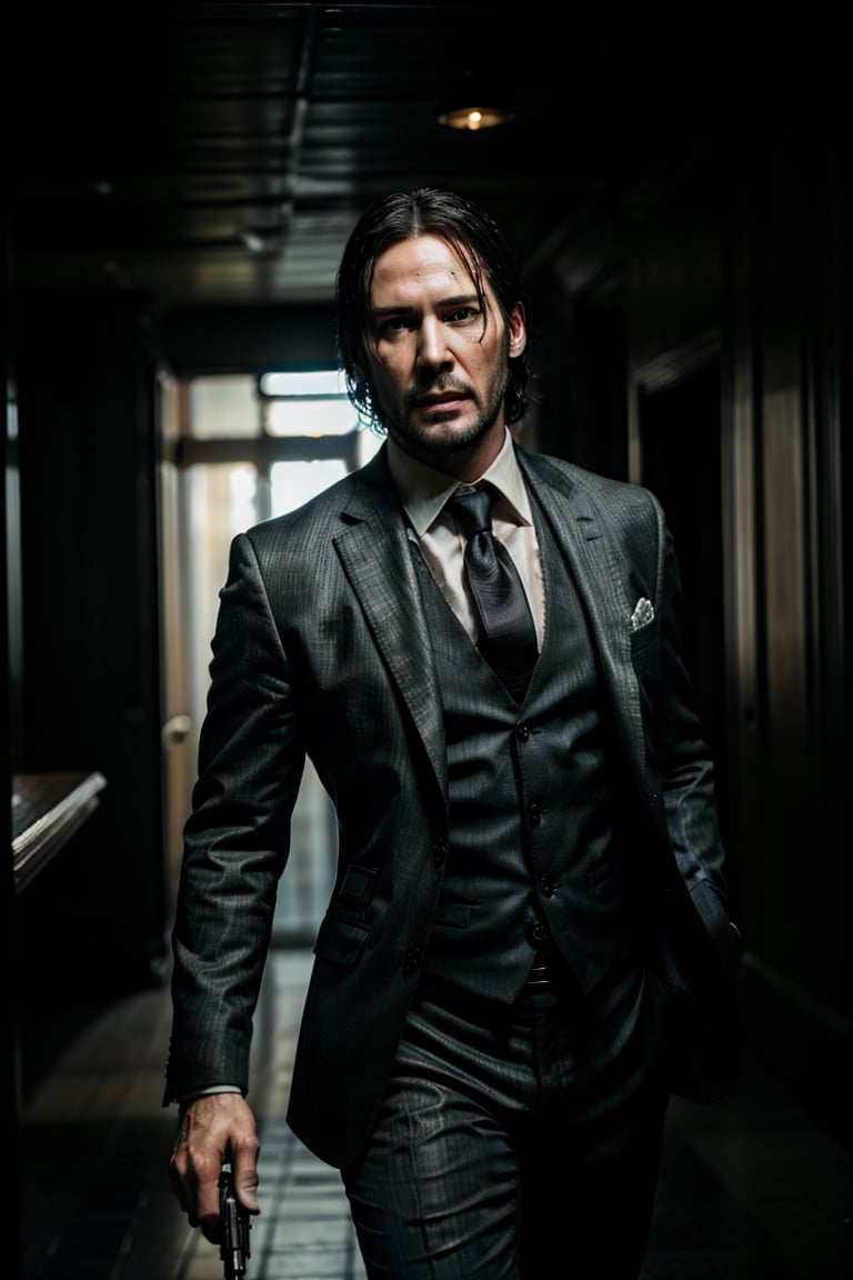 masterpiece, excellent quality, 8k, photo realistic man john wick with ,pointing a gun, running, shooting, thriller style, aggressive pose, modern black and white Gucci suit, armed gun, photorealistic, highly detailed, blurry photo, intricate, incredibly detailed, super detailed, gangster texture, detailed , crazy, soft lights and shadows