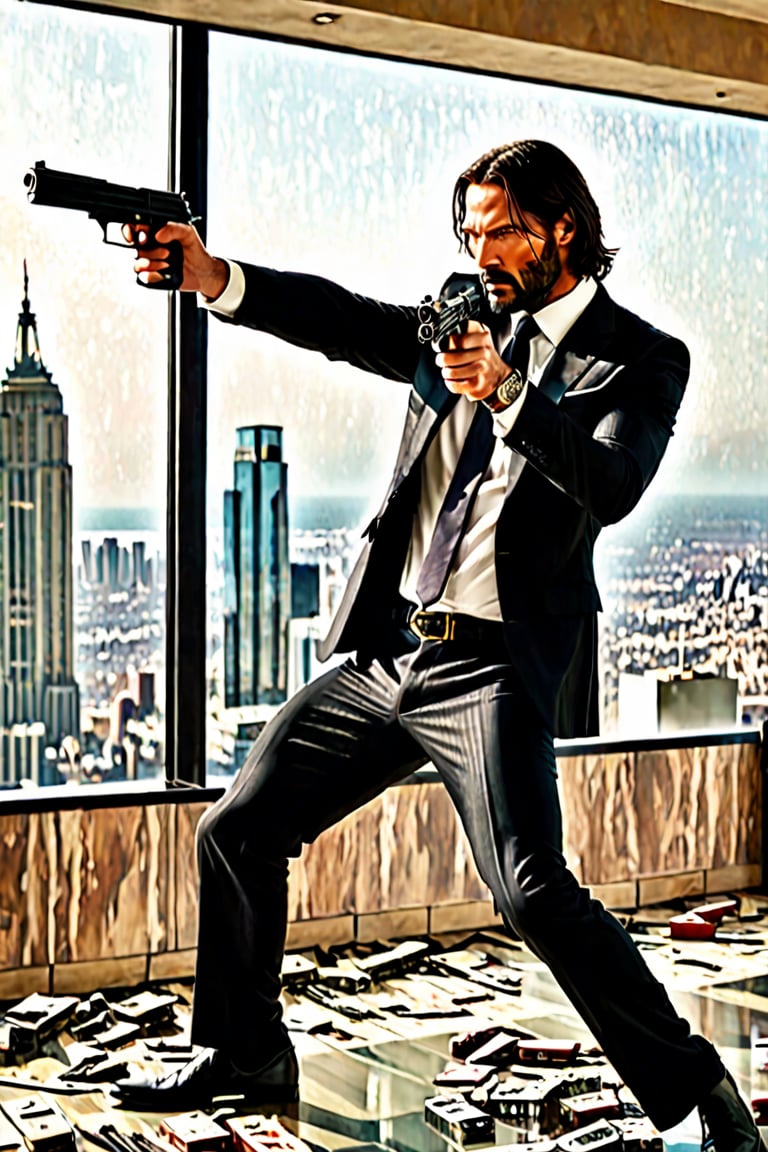 ((movie cover)) in Hotel Continental ((Panoramic and open wide shot)), masterpiece, excellent quality, perfect hands, epic jumping  breaking the glass through a window, killing gunmen, shooting machine gun, photo realistic "John Wick", with pistol and machine gun , different weapons knives, katanas, submachine guns, grenades, in a shootout with other men, thriller style, aggressive pose, modern black and white Gucci suit, armed gun, photorealistic, highly detailed, blurry photo, intricate, incredibly detailed, super detailed, gangster texture, detailed , crazy, soft lights and shadows,Summer