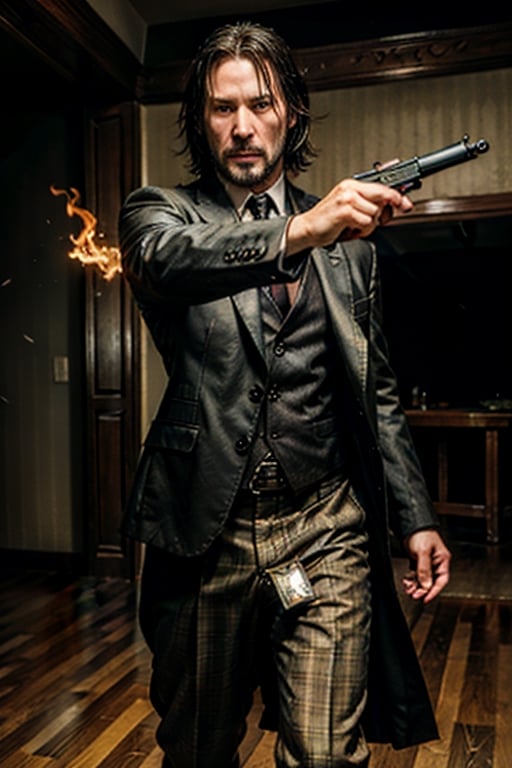 ((Panoramic and open wide shot)), masterpiece, excellent quality, 
perfect hands,epic running fast shooting machine gun with flames, photo realistic Keanu Reeves John Wick with pistol and machine gun , 
different weapons
knives, katanas, submachine guns, grenades, in a shootout with other men, thriller style, aggressive pose, modern black and white Gucci suit, armed gun, photorealistic, highly detailed, blurry photo, intricate, incredibly detailed, super detailed, gangster texture, detailed , crazy, soft lights and shadows