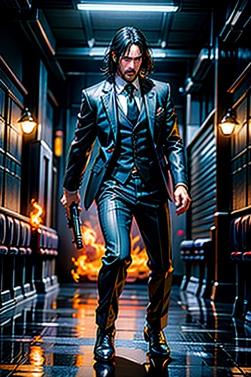 open wide shot, masterpiece, excellent quality, 
perfect hands,epic running fast shooting machine gun with flames, photo realistic Keanu Reeves John Wick with pistol and machine gun , thriller style, aggressive pose, modern black and white Gucci suit, armed gun, photorealistic, highly detailed, blurry photo, intricate, incredibly detailed, super detailed, gangster texture, detailed , crazy, soft lights and shadows