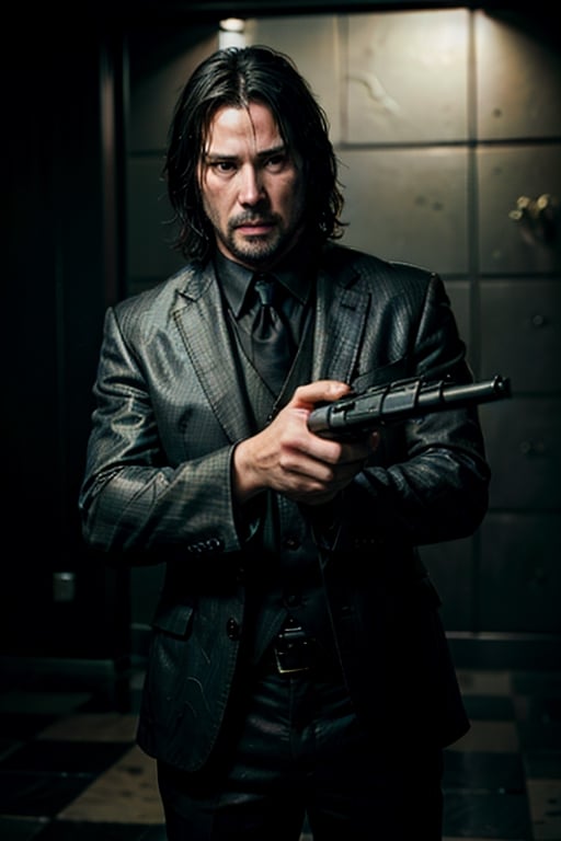 open wide shot, masterpiece, excellent quality, 
perfect hands,epic running fast shooting machine gun with flames, photo realistic Keanu Reeves John Wick with pistol and machine gun , thriller style, aggressive pose, modern black and white Gucci suit, armed gun, photorealistic, highly detailed, blurry photo, intricate, incredibly detailed, super detailed, gangster texture, detailed , crazy, soft lights and shadows