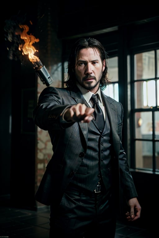 open wide shot, masterpiece, excellent quality, running fast shooting machine gun with flames, photo realistic Keanu Reeves John Wick with pistol and machine gun , thriller style, aggressive pose, modern black and white Gucci suit, armed gun, photorealistic, highly detailed, blurry photo, intricate, incredibly detailed, super detailed, gangster texture, detailed , crazy, soft lights and shadows