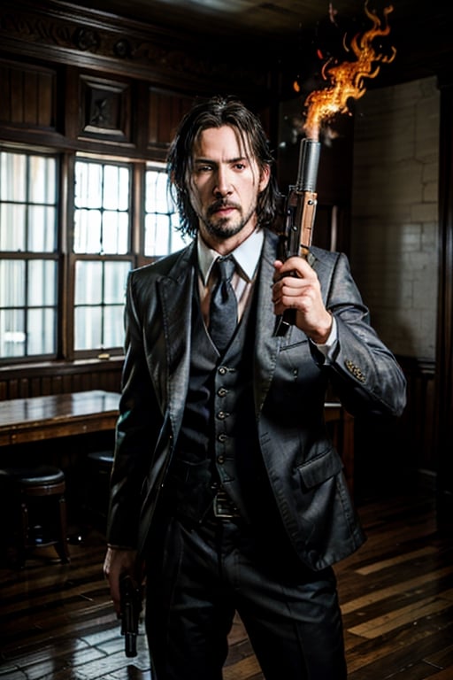 ((Panoramic and open wide shot)), masterpiece, excellent quality, 
perfect hands,epic running fast shooting machine gun with flames, photo realistic Keanu Reeves John Wick with pistol and machine gun , 
different weapons
knives, katanas, submachine guns, grenades, in a shootout with other men, thriller style, aggressive pose, modern black and white Gucci suit, armed gun, photorealistic, highly detailed, blurry photo, intricate, incredibly detailed, super detailed, gangster texture, detailed , crazy, soft lights and shadows