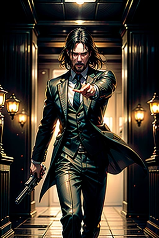 open wide shot, masterpiece, excellent quality, 
perfect hands,epic running fast shooting machine gun with flames, photo realistic Keanu Reeves John Wick with pistol and machine gun , thriller style, aggressive pose, modern black and white Gucci suit, armed gun, photorealistic, highly detailed, blurry photo, intricate, incredibly detailed, super detailed, gangster texture, detailed , crazy, soft lights and shadows