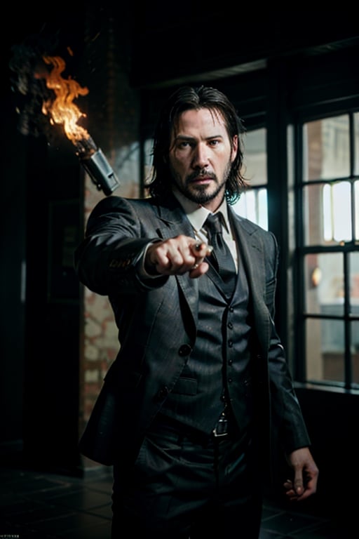 open wide shot, masterpiece, excellent quality, running fast ((shooting machine gun)) with flames, photo realistic Keanu Reeves John Wick with pistol and machine gun , thriller style, aggressive pose, modern black and white Gucci suit, armed gun, photorealistic, highly detailed, blurry photo, intricate, incredibly detailed, super detailed, gangster texture, detailed , crazy, soft lights and shadows