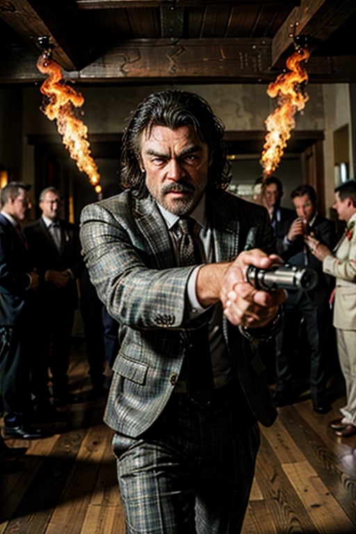 ((Panoramic and open wide shot)), masterpiece, excellent quality, 
perfect hands,epic running fast shooting machine gun with flames, photo realistic Ian McShane as Winston ,  with pistol and machine gun , 
different weapons
knives, katanas, submachine guns, grenades, in a shootout with other men, thriller style, aggressive pose, modern black and white Gucci suit, armed gun, photorealistic, highly detailed, blurry photo, intricate, incredibly detailed, super detailed, gangster texture, detailed , crazy, soft lights and shadows