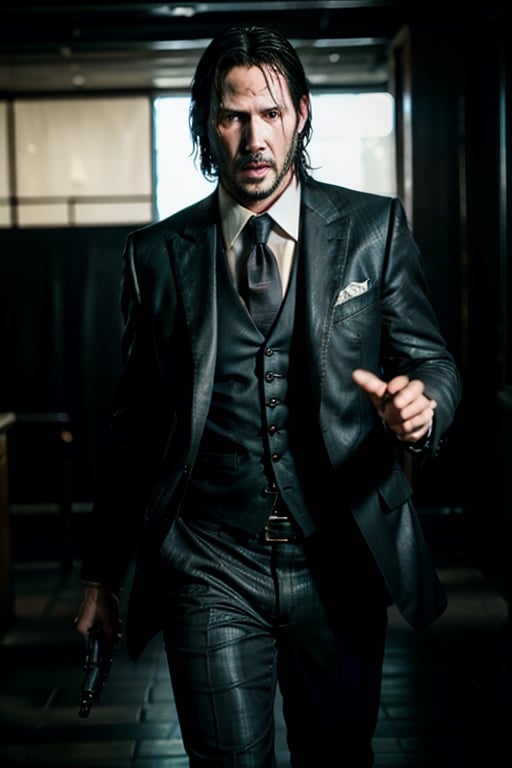 open wide shot, masterpiece, excellent quality, running shooting guns with flame, photo realistic Keanu Reeves John Wick with , thriller style, aggressive pose, modern black and white Gucci suit, armed gun, photorealistic, highly detailed, blurry photo, intricate, incredibly detailed, super detailed, gangster texture, detailed , crazy, soft lights and shadows