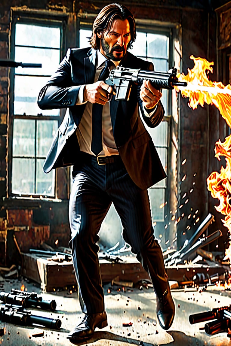  ((Panoramic and open wide shot)), masterpiece, excellent quality, perfect hands,epic running fast, jumping through a window breaking the glass, shooting machine gun with flames, photo realistic "John Wick", with pistol and machine gun , different weapons knives, katanas, submachine guns, grenades, in a shootout with other men, thriller style, aggressive pose, modern black and white Gucci suit, armed gun, photorealistic, highly detailed, blurry photo, intricate, incredibly detailed, super detailed, gangster texture, detailed , crazy, soft lights and shadows