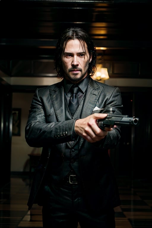 open wide shot, masterpiece, excellent quality, 
perfect hands,epic running fast shooting machine gun with flames, photo realistic Keanu Reeves John Wick with pistol and machine gun , thriller style, aggressive pose, modern black and white Gucci suit, armed gun, photorealistic, highly detailed, blurry photo, intricate, incredibly detailed, super detailed, gangster texture, detailed , crazy, soft lights and shadows