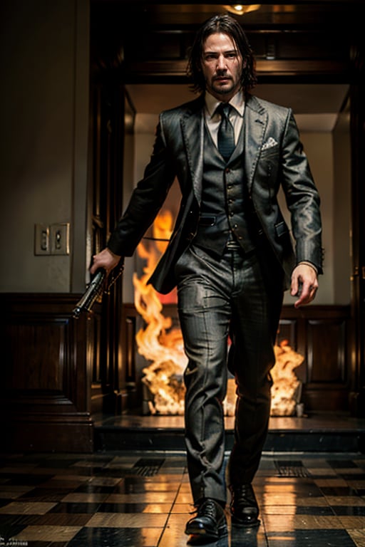 ((Panoramic and open wide shot)), masterpiece, excellent quality, 
perfect hands,epic running fast shooting machine gun with flames, photo realistic Keanu Reeves John Wick with pistol and machine gun , 
different weapons
knives, katanas, submachine guns, grenades, in a shootout with other men, thriller style, aggressive pose, modern black and white Gucci suit, armed gun, photorealistic, highly detailed, blurry photo, intricate, incredibly detailed, super detailed, gangster texture, detailed , crazy, soft lights and shadows