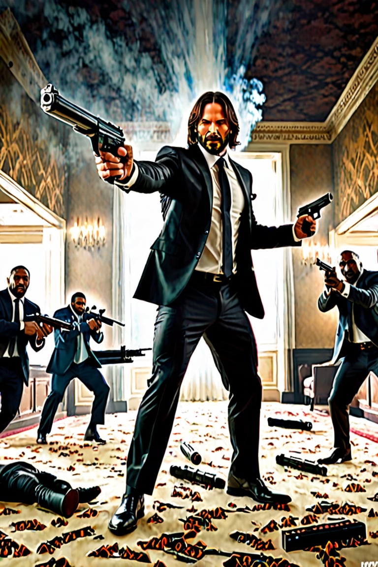 ((movie cover)) in Hotel Continental ((Panoramic and open wide shot)), masterpiece, excellent quality, perfect hands, epic jumping , killing gunmen, shooting machine gun, photo realistic "John Wick", with pistol and machine gun , different weapons knives, katanas, submachine guns, grenades, in a shootout with other men, thriller style, aggressive pose, modern black and white Gucci suit, armed gun, photorealistic, highly detailed, blurry photo, intricate, incredibly detailed, super detailed, gangster texture, detailed , crazy, soft lights and shadows,Summer,more detail XL