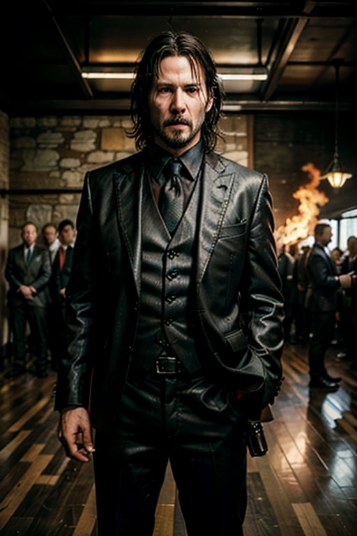 ((Panoramic and open wide shot)), masterpiece, excellent quality, 
perfect hands,epic running fast shooting machine gun with flames, photo realistic Keanu Reeves John Wick with pistol and machine gun , 
different weapons
knives, katanas, submachine guns, grenades, in a shootout with other men, thriller style, aggressive pose, modern black and white Gucci suit, armed gun, photorealistic, highly detailed, blurry photo, intricate, incredibly detailed, super detailed, gangster texture, detailed , crazy, soft lights and shadows