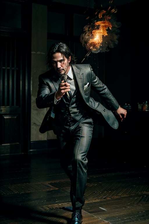 open wide shot, masterpiece, excellent quality, 
perfect hands,epic running fast shooting machine gun with flames, photo realistic Keanu Reeves John Wick with pistol and machine gun , thriller style, aggressive pose, modern black and white Gucci suit, armed gun, photorealistic, highly detailed, blurry photo, intricate, incredibly detailed, super detailed, gangster texture, detailed , crazy, soft lights and shadows