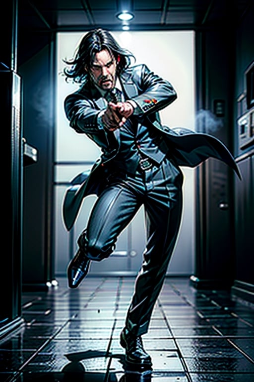 open wide shot, masterpiece, excellent quality, 
perfect hands,epic running fast shooting machine gun with flames, photo realistic Keanu Reeves John Wick with pistol and machine gun , thriller style, aggressive pose, modern black and white Gucci suit, armed gun, photorealistic, highly detailed, blurry photo, intricate, incredibly detailed, super detailed, gangster texture, detailed , crazy, soft lights and shadows