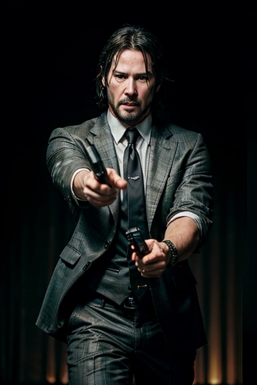 open wide shot, masterpiece, excellent quality, 
perfect hands, running fast shooting machine gun with flames, photo realistic Keanu Reeves John Wick with pistol and machine gun , thriller style, aggressive pose, modern black and white Gucci suit, armed gun, photorealistic, highly detailed, blurry photo, intricate, incredibly detailed, super detailed, gangster texture, detailed , crazy, soft lights and shadows