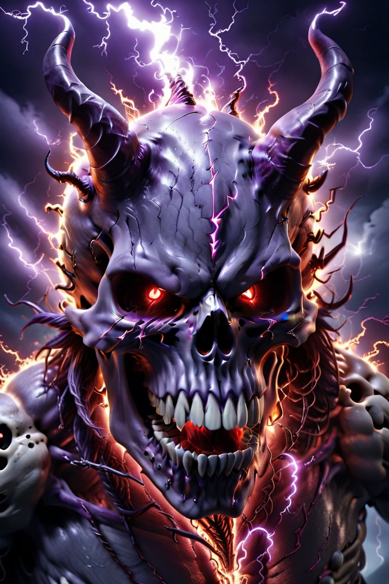 (masterpeice), amazing art work, (realistic photography), Skull, demonic skull,evil skull, (purple lightening bolts), lightening bolts coming from skull, 
Screaming expression, angry eyes, (2 long horns) on sides of skulls head, large cheek bones , red glowing eyes, demonic,evil, ,dark, ((view from above)), 