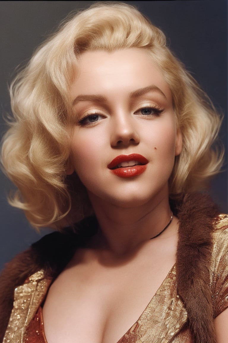 Marilyn Monroe is a woman with blonde hair, blue eyes, mole on cheek