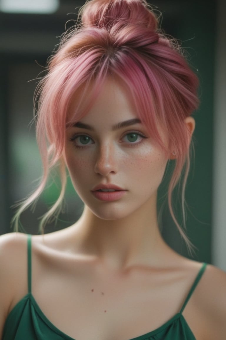 bellissima 1girl, solo, looking at viewer, bangs, simple background, dress, bare shoulders, green eyes, collarbone, pink hair, parted lips, hair bun, lips, eyelashes, double bun, messy hair, portrait, freckles, realistic, spaghetti strap, nose, nose , nose, 50mm . cinematic 4k epic detailed 4k epic detailed photograph shot on kodak detailed cinematic hbo dark moody, 35mm photo, grainy, vignette, vintage, Kodachrome, Lomography, stained, highly detailed, found footage,thm style