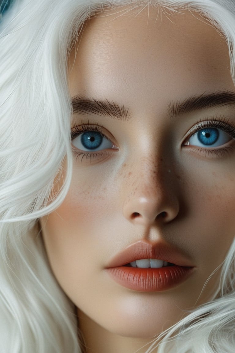 bellissima 1girl, solo, long hair, looking at viewer, blue eyes, white hair, blurry, lips, eyelashes, wavy hair, portrait, close-up, freckles, realistic, nose, nose , nose, 50mm . cinematic 4k epic detailed 4k epic detailed photograph shot on kodak detailed cinematic hbo dark moody, 35mm photo, grainy, vignette, vintage, Kodachrome, Lomography, stained, highly detailed, found footage,thm style